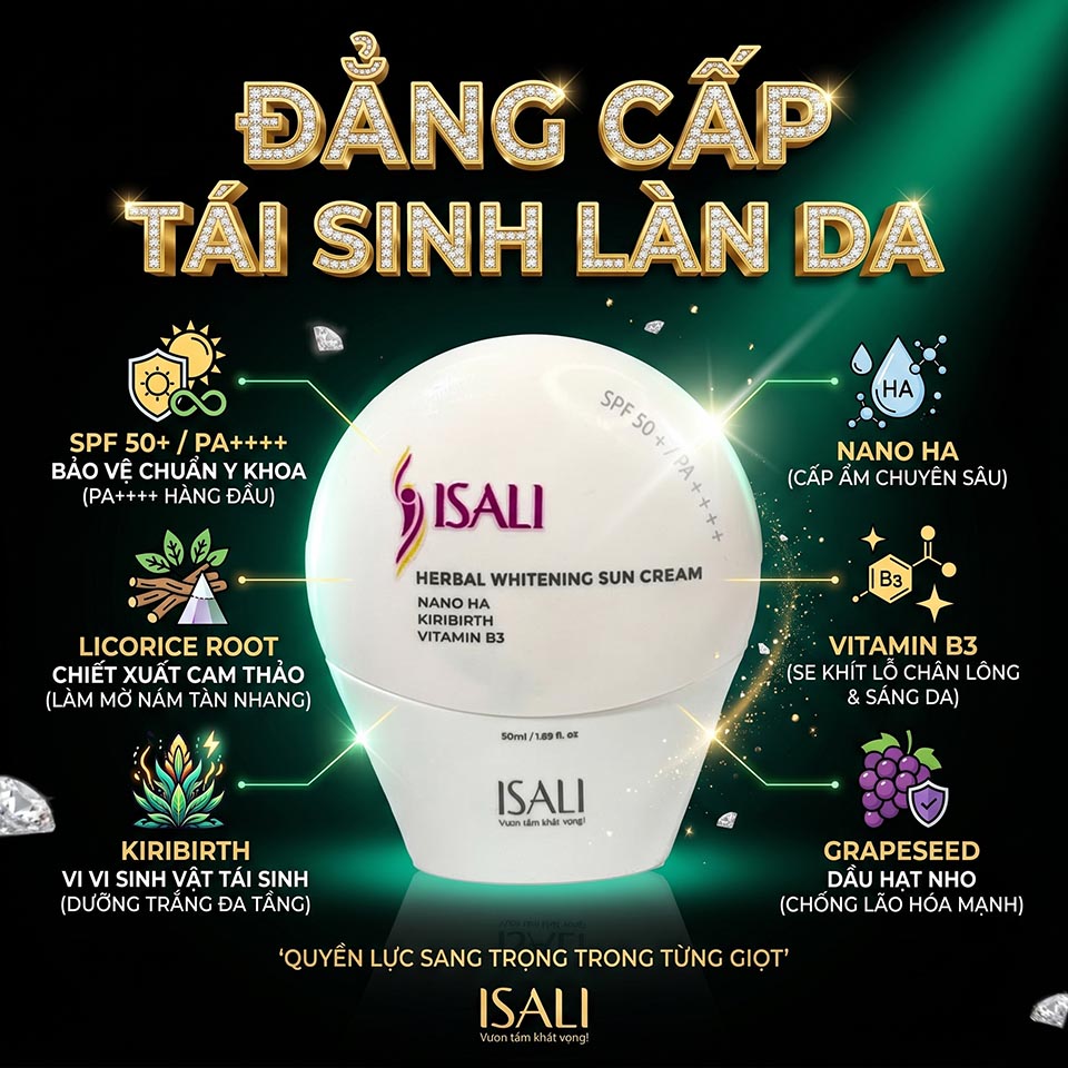 Kem Chống Nắng ISALI trắng da tế bào gốc I-Sun Luxury SPF 60+ FA+++ - Ảnh 5 Kem Chống Nắng Thảo Dược Sáng Da ISALI 05