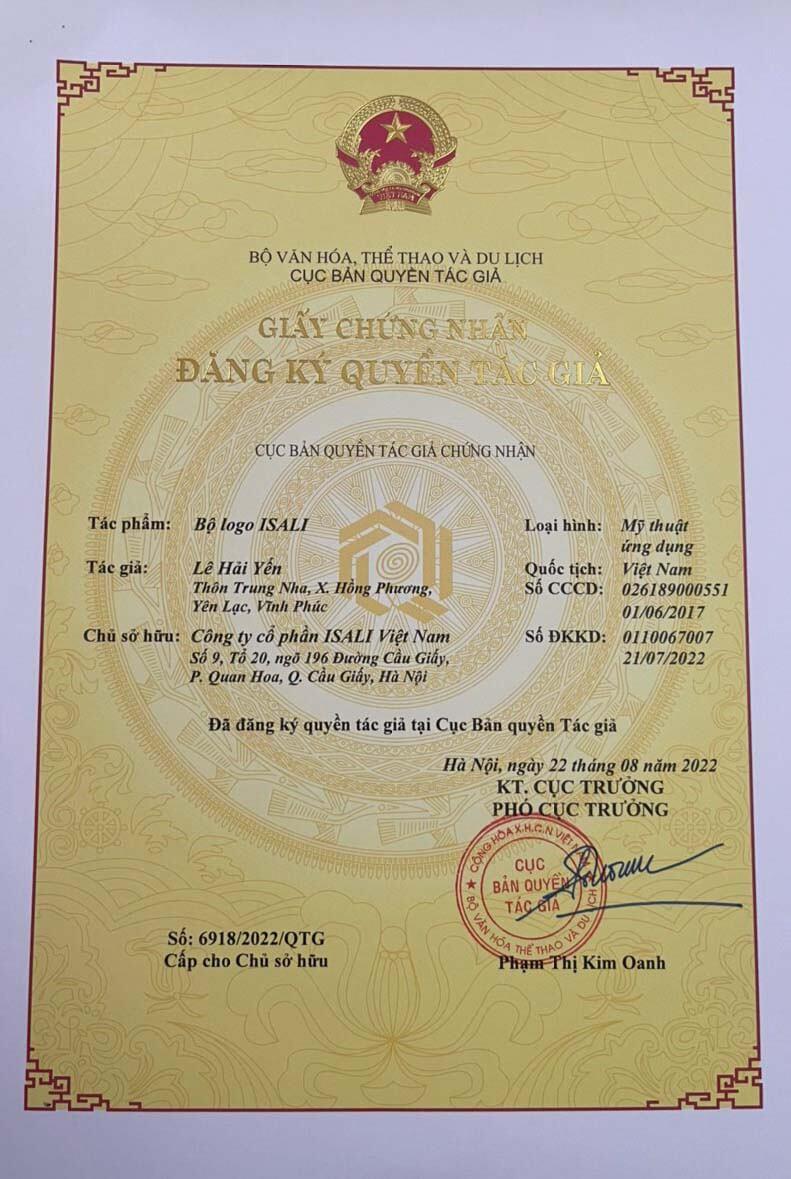 Giấy chứng nhận đăng ký quyền Tác Giả Bộ logo ISALI